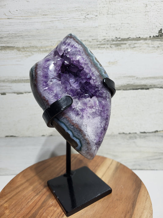 Semi-polished Amethyst Cluster on Stand