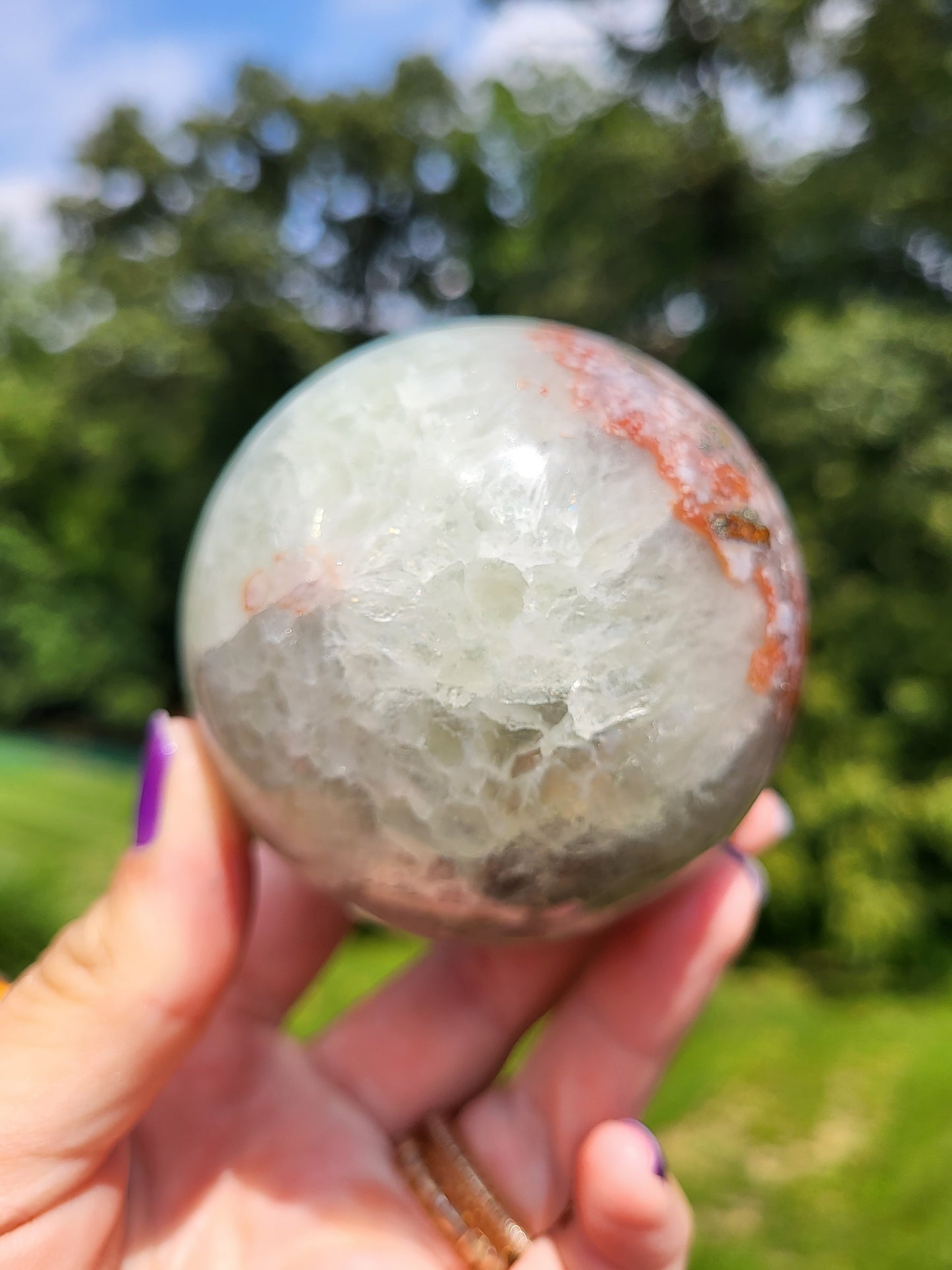 Green Quartz Sphere with Pink Amethyst Flowers (No. 1 of 3)