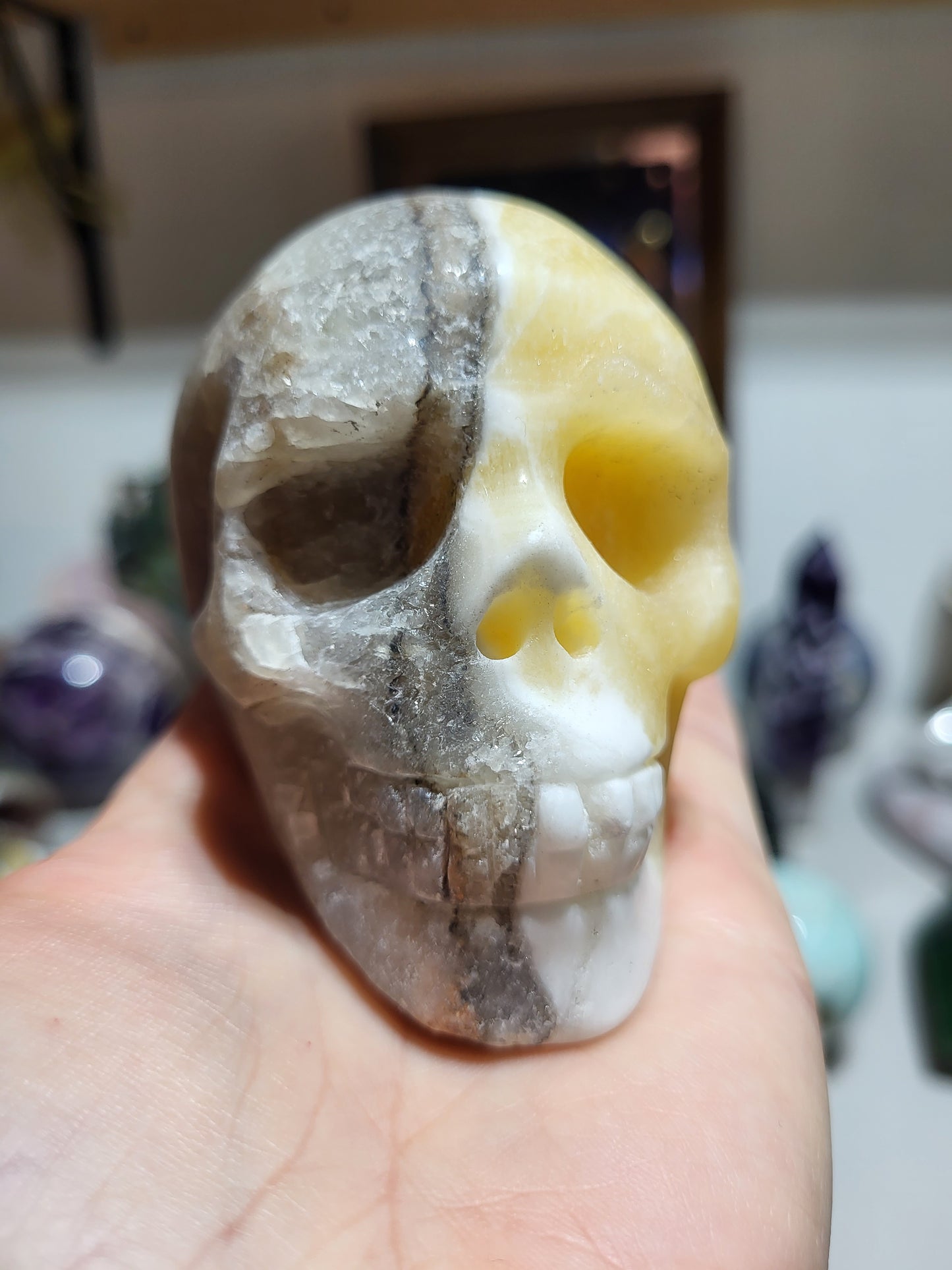 Two Face Yellow & Gray Calcite Skull