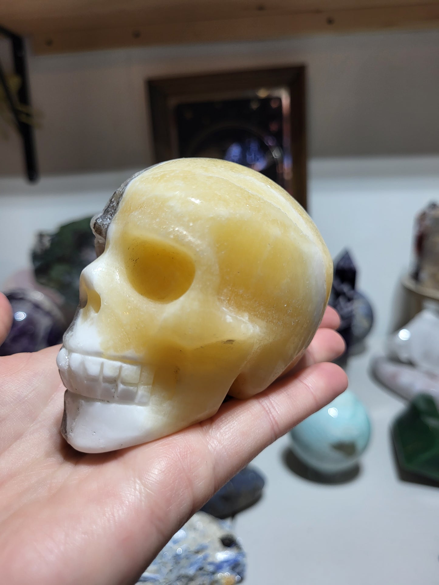 Two Face Yellow & Gray Calcite Skull