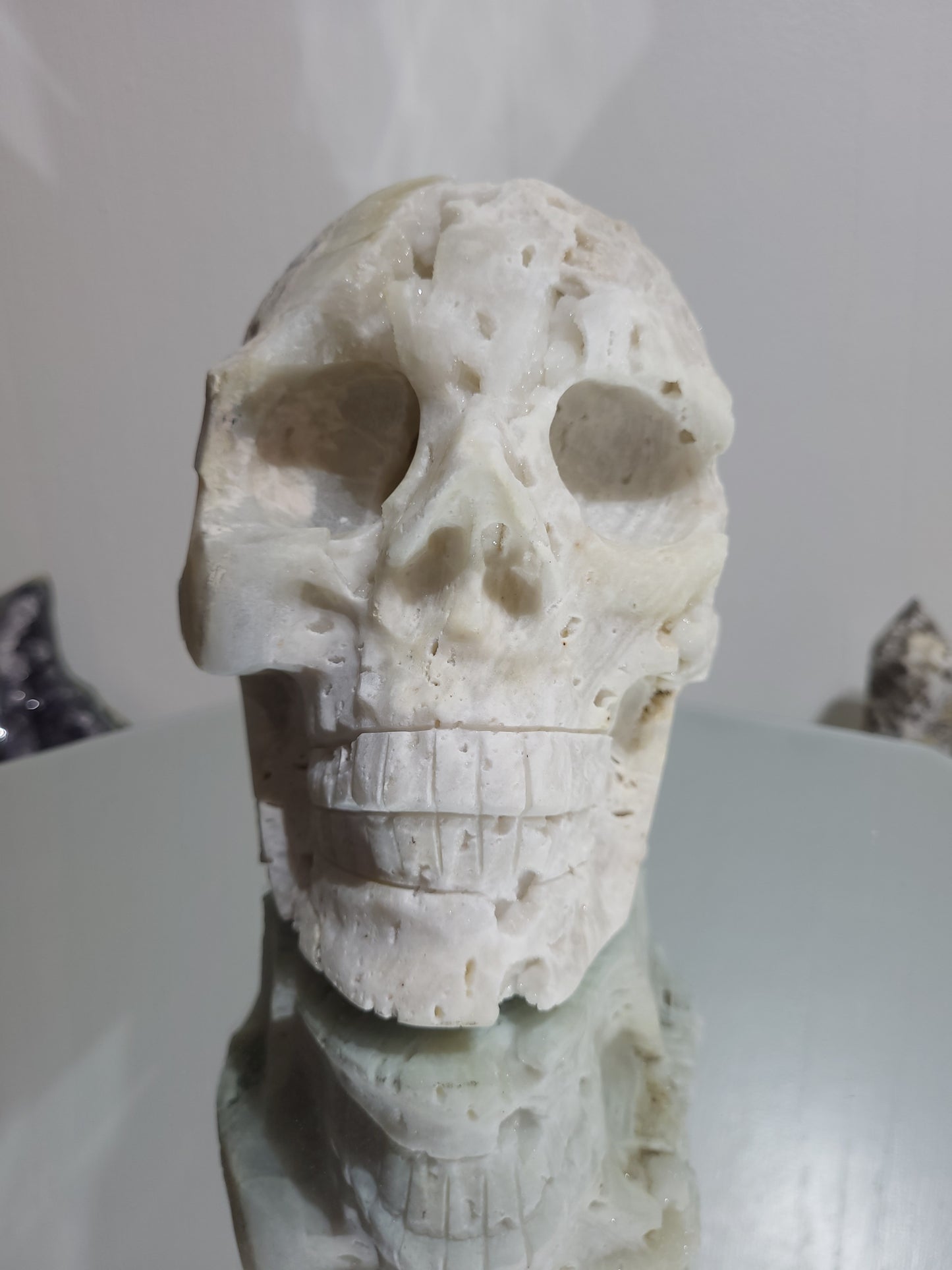 XL White Agate Matte Skull Carving w/ Fluorite Inclusions