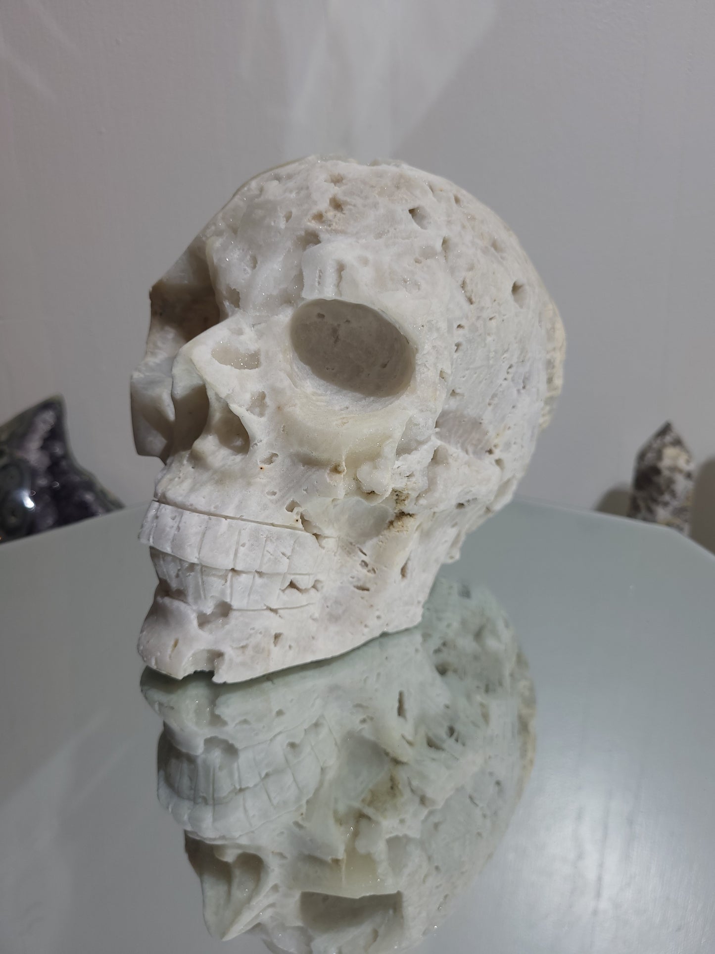 XL White Agate Matte Skull Carving w/ Fluorite Inclusions